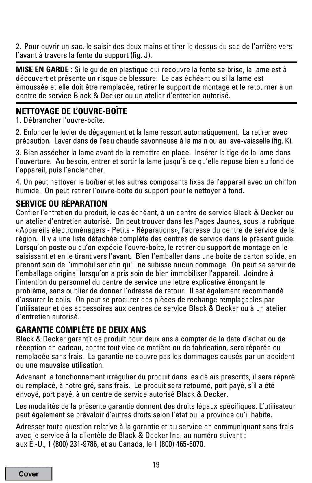 Black & Decker EC70 manual Nettoyage DE L’OUVRE-BOÎTE, Service OU Réparation, Garantie Complète DE Deux ANS 