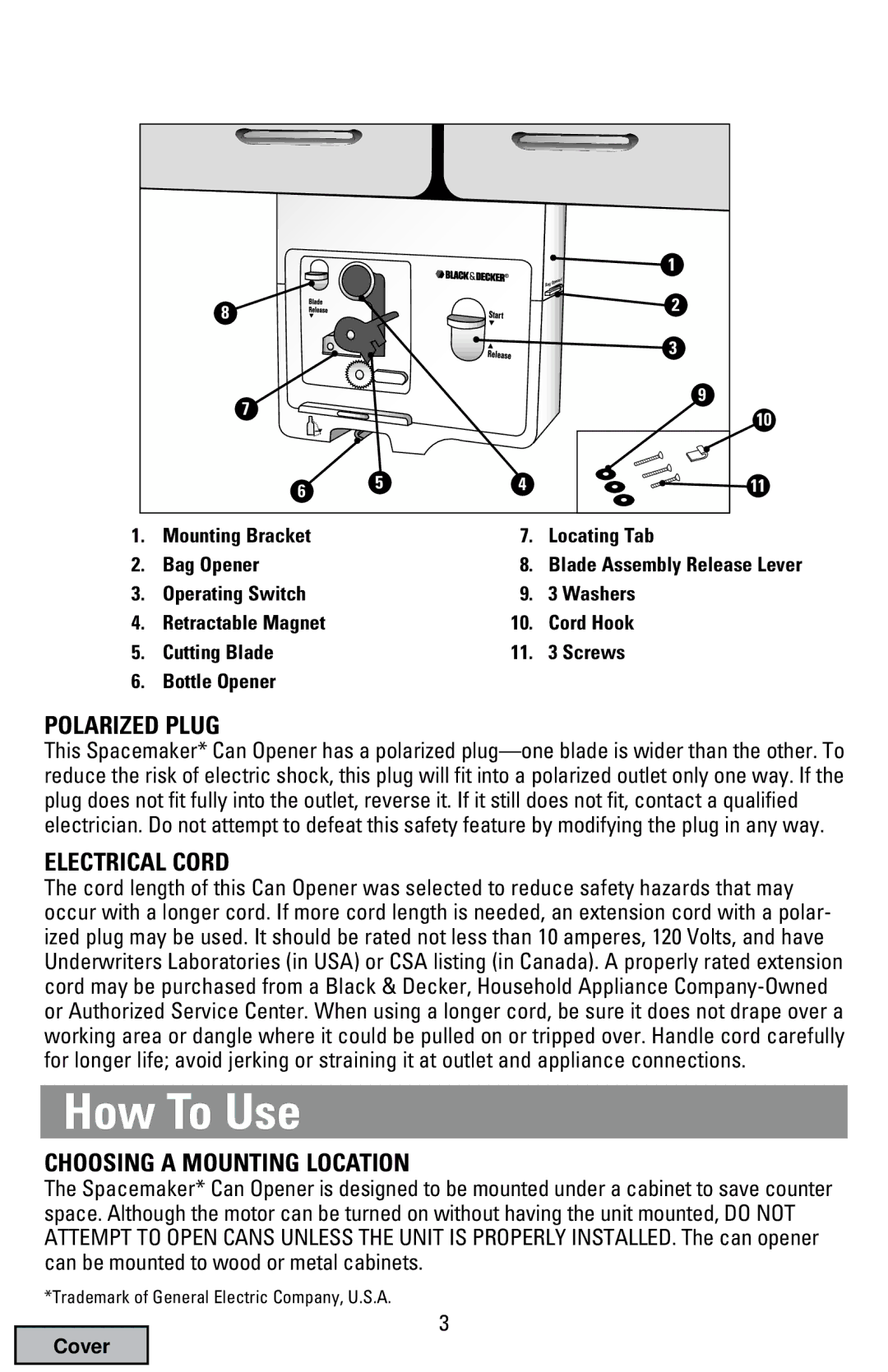 Black & Decker EC70 manual Polarized Plug, Electrical Cord, Choosing a Mounting Location 