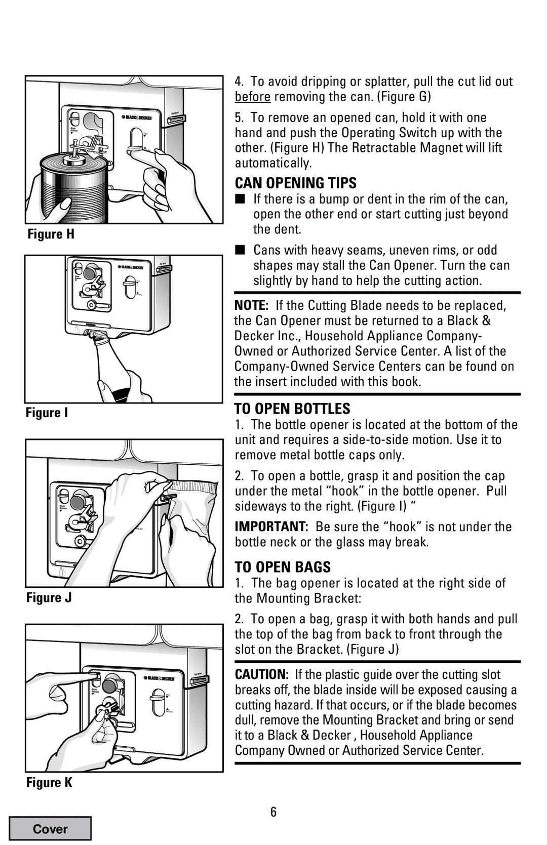 Black & Decker EC70 manual Can Opening Tips, To Open Bottles, To Open Bags 