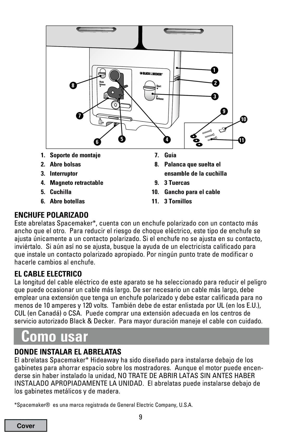 Black & Decker EC70 manual Enchufe Polarizado, EL Cable Electrico, Donde Instalar EL Abrelatas 