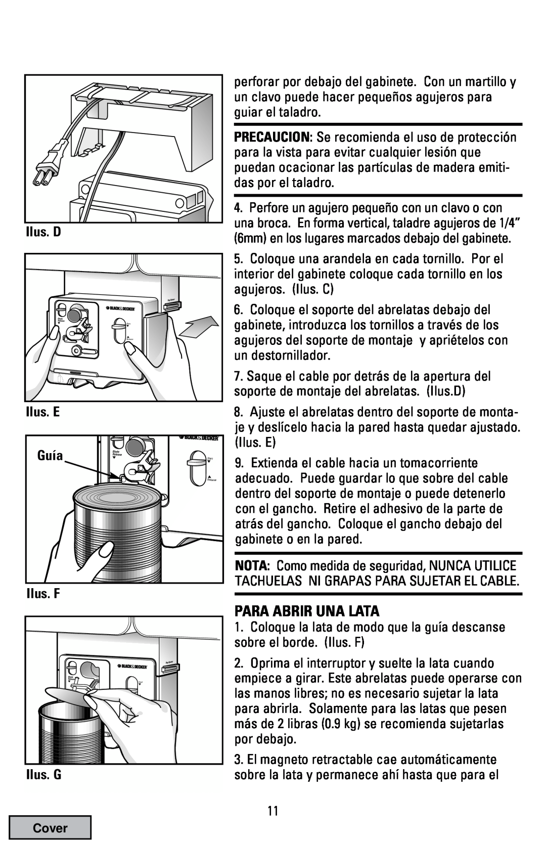 Black & Decker EC70 manual Para Abrir Una Lata, Ilus. D, Ilus. E, Guía, Ilus. F, Ilus. G 