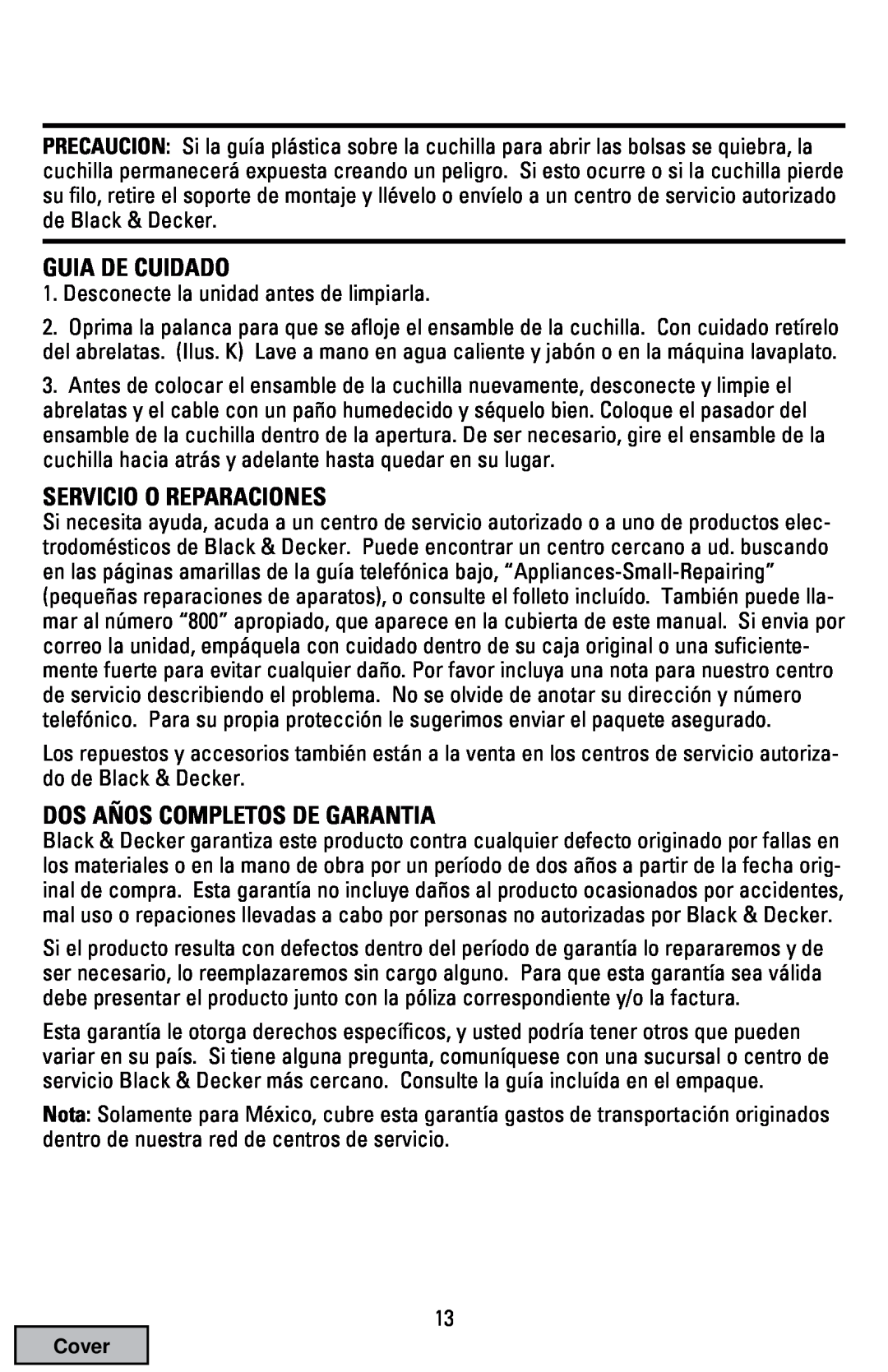 Black & Decker EC70 manual Guia De Cuidado, Servicio O Reparaciones, Dos Años Completos De Garantia 