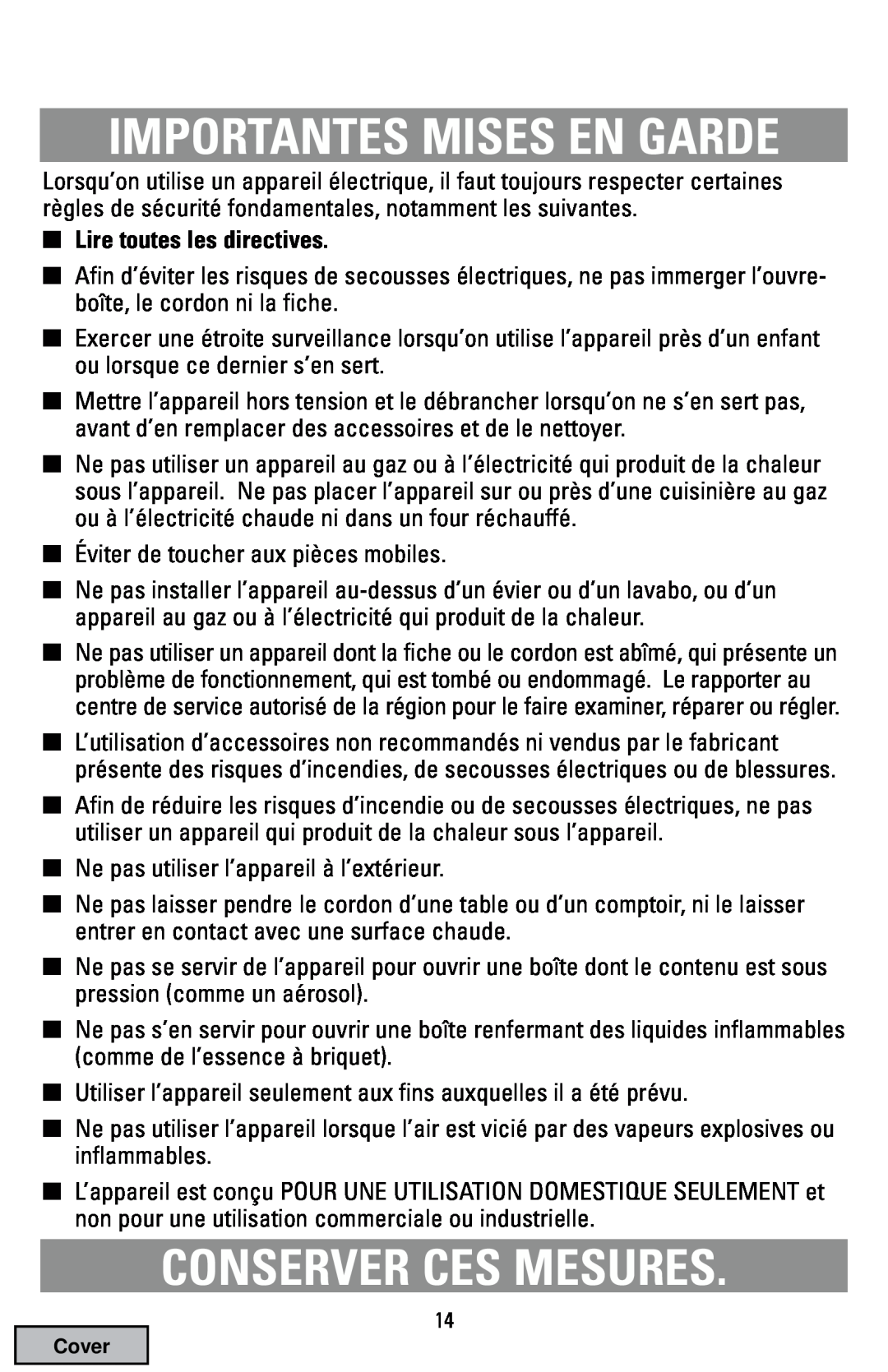 Black & Decker EC70 manual Conserver Ces Mesures, Importantes Mises En Garde, Lire toutes les directives 