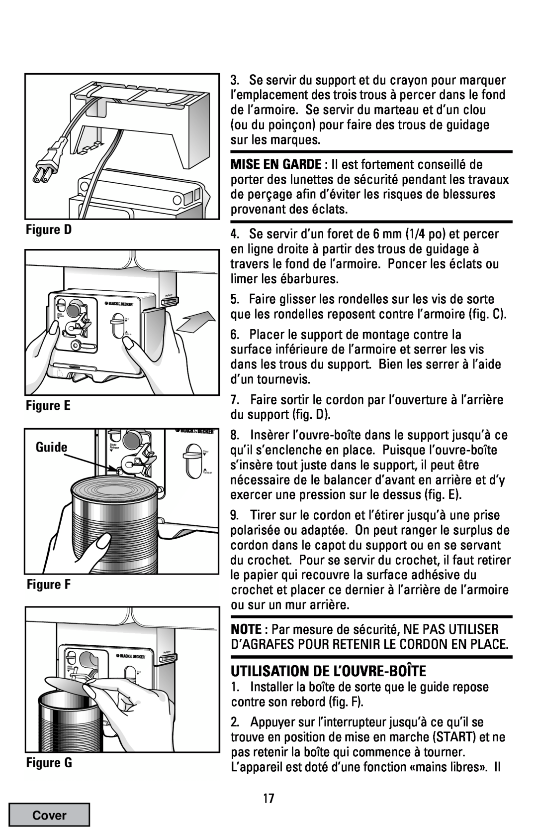 Black & Decker EC70 manual Utilisation De L’Ouvre-Boîte, Figure D, Figure E, Guide, Figure F, Figure G 