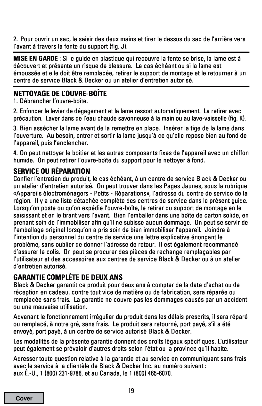 Black & Decker EC70 manual Nettoyage De L’Ouvre-Boîte, Service Ou Réparation, Garantie Complète De Deux Ans 