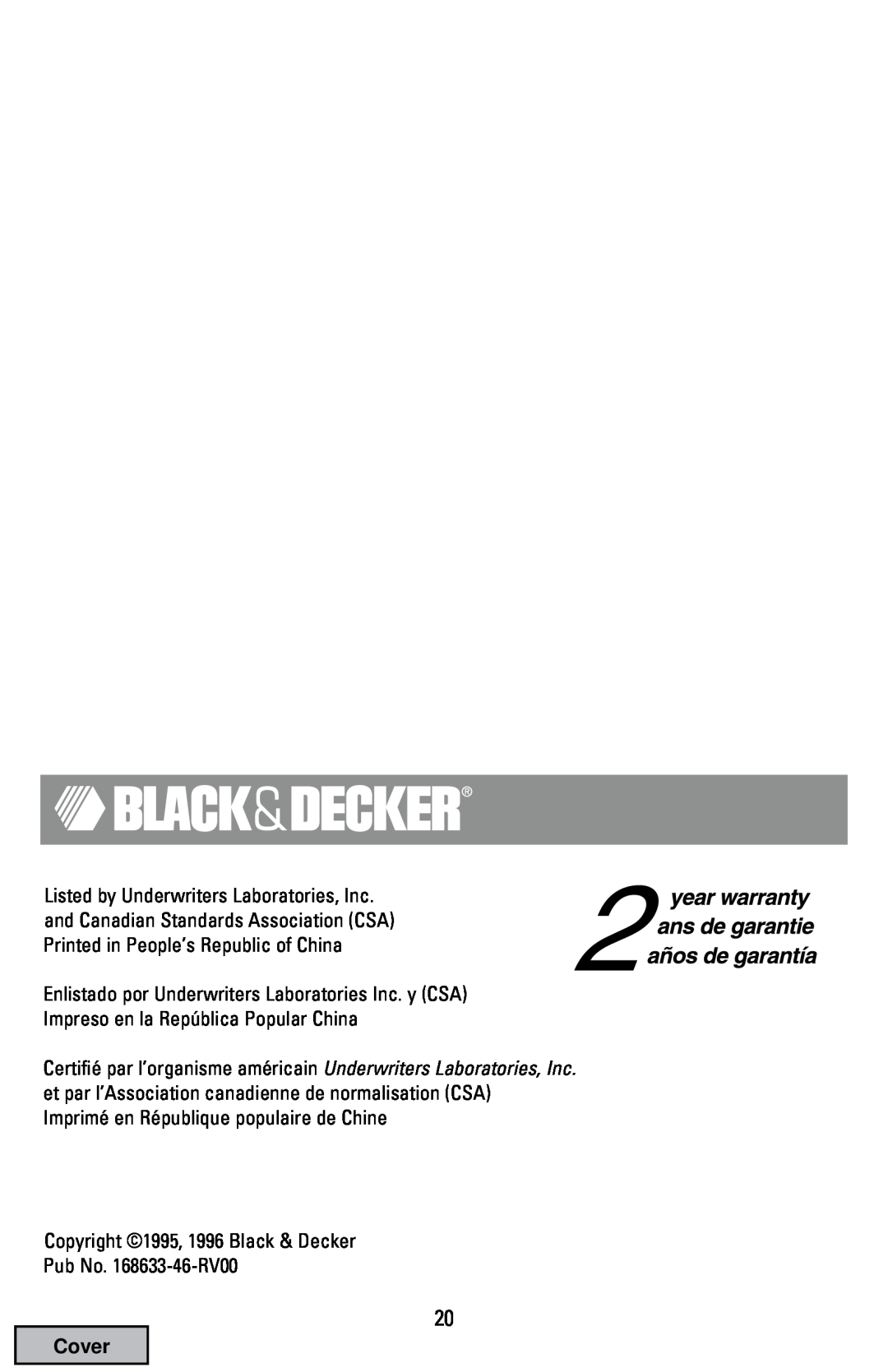 Black & Decker EC70 Imprimé en République populaire de Chine, Copyright 1995, 1996 Black & Decker Pub No. 168633-46-RV00 