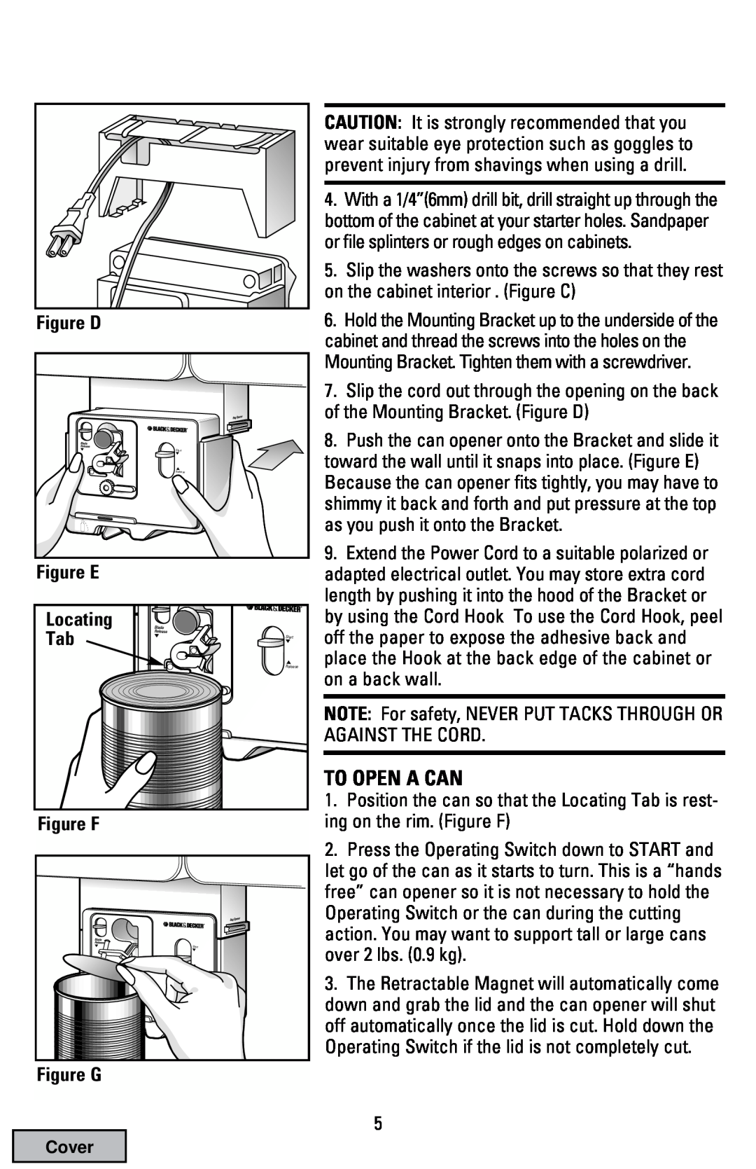 Black & Decker EC70 manual To Open A Can, Figure D, Figure E, Locating, Figure F, Figure G 