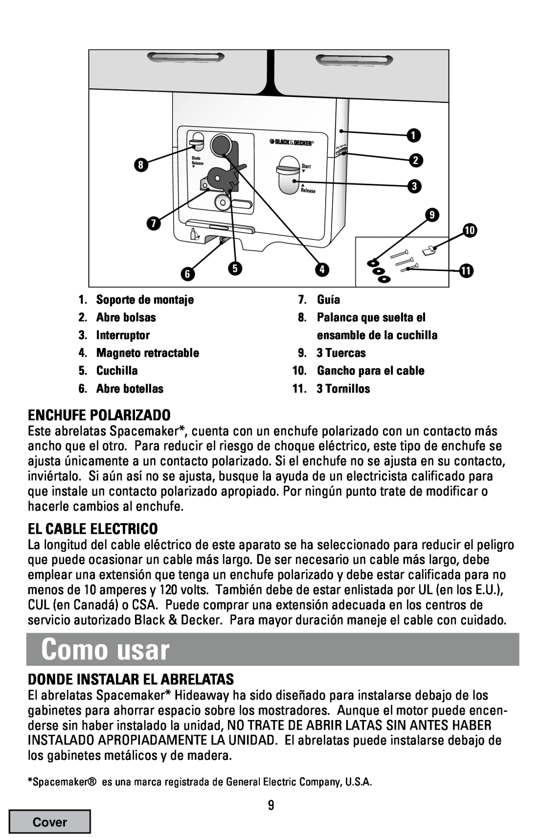 Black & Decker EC70 manual Como usar, Enchufe Polarizado, El Cable Electrico, Donde Instalar El Abrelatas 
