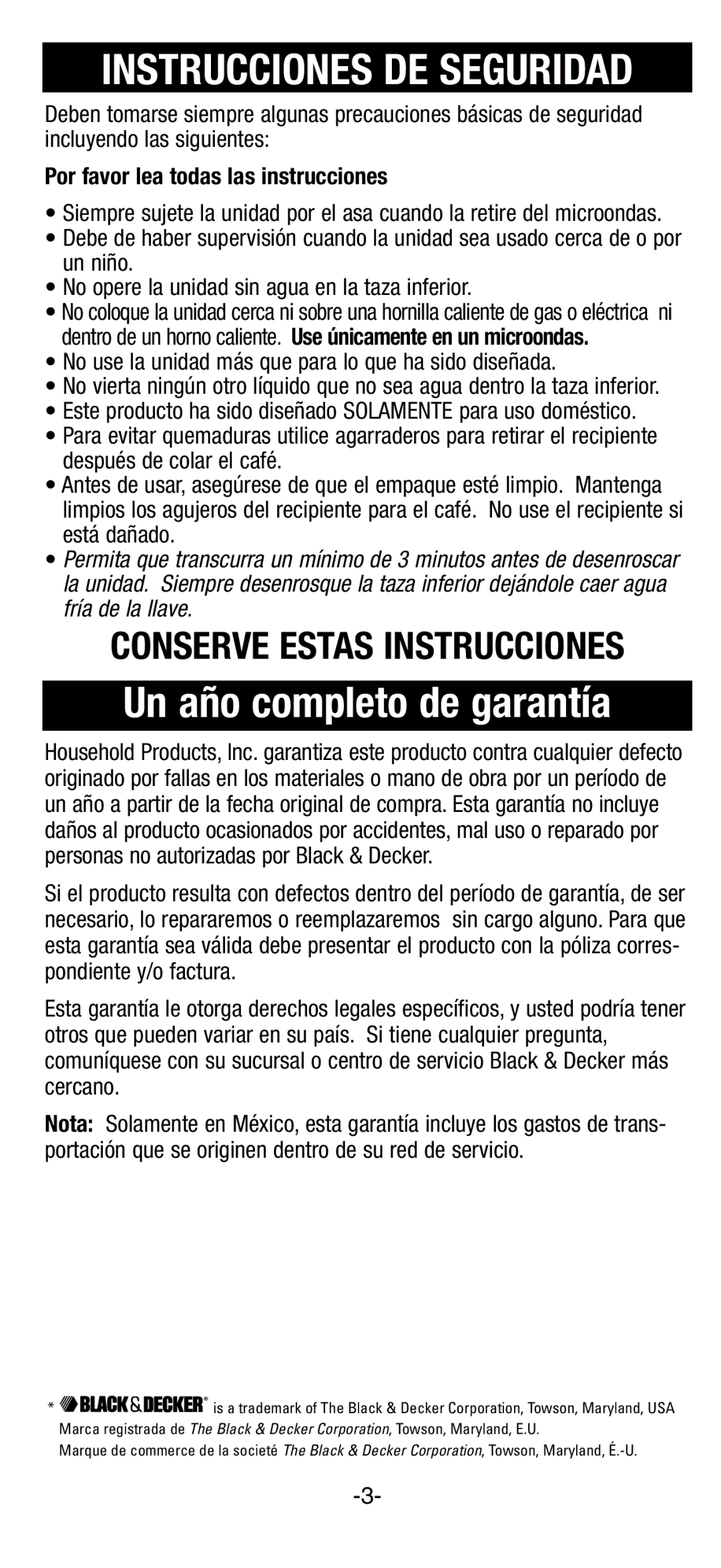 Black & Decker EE200, EE100 Un año completo de garantía, Instrucciones DE Seguridad, Por favor lea todas las instrucciones 