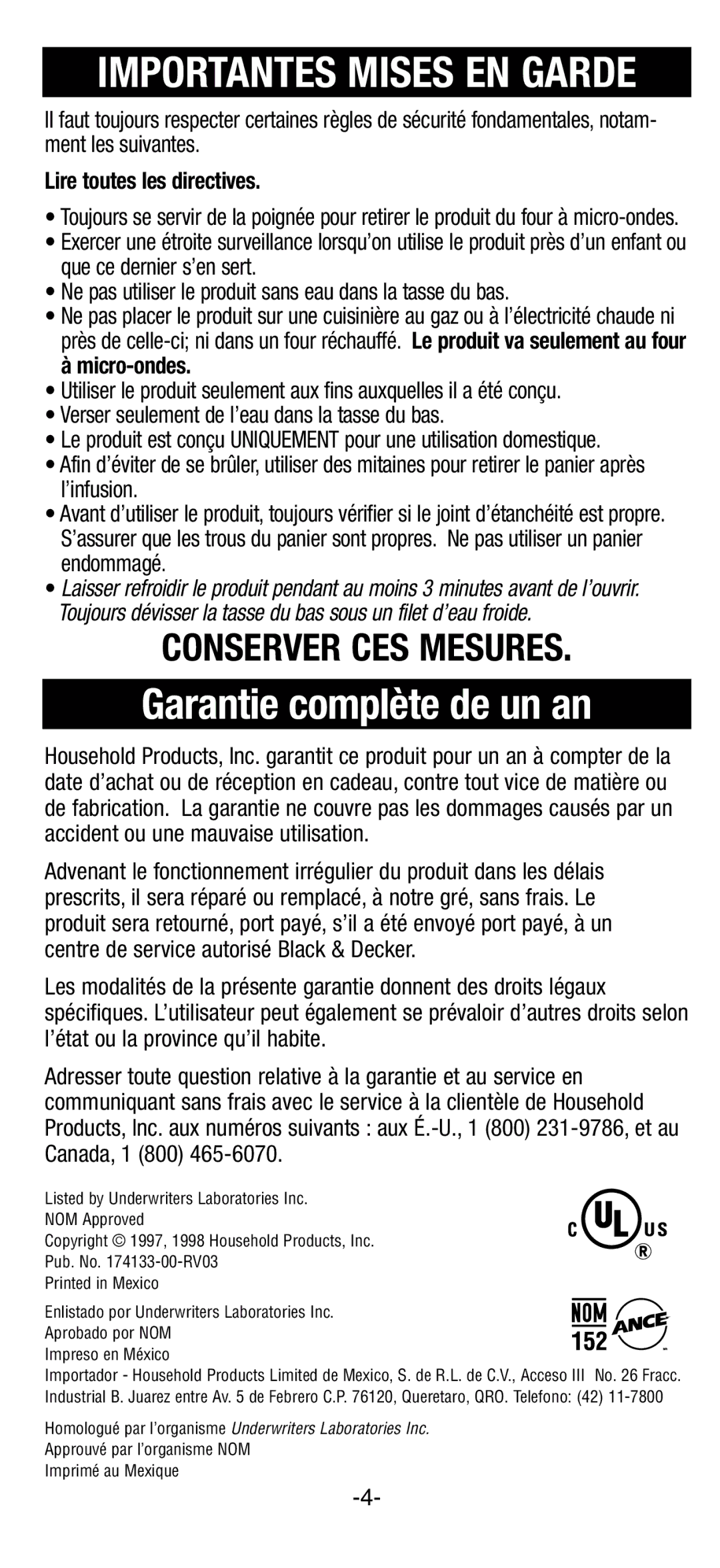 Black & Decker EE100 manual Garantie complète de un an, Importantes Mises EN Garde, Lire toutes les directives, Micro-ondes 