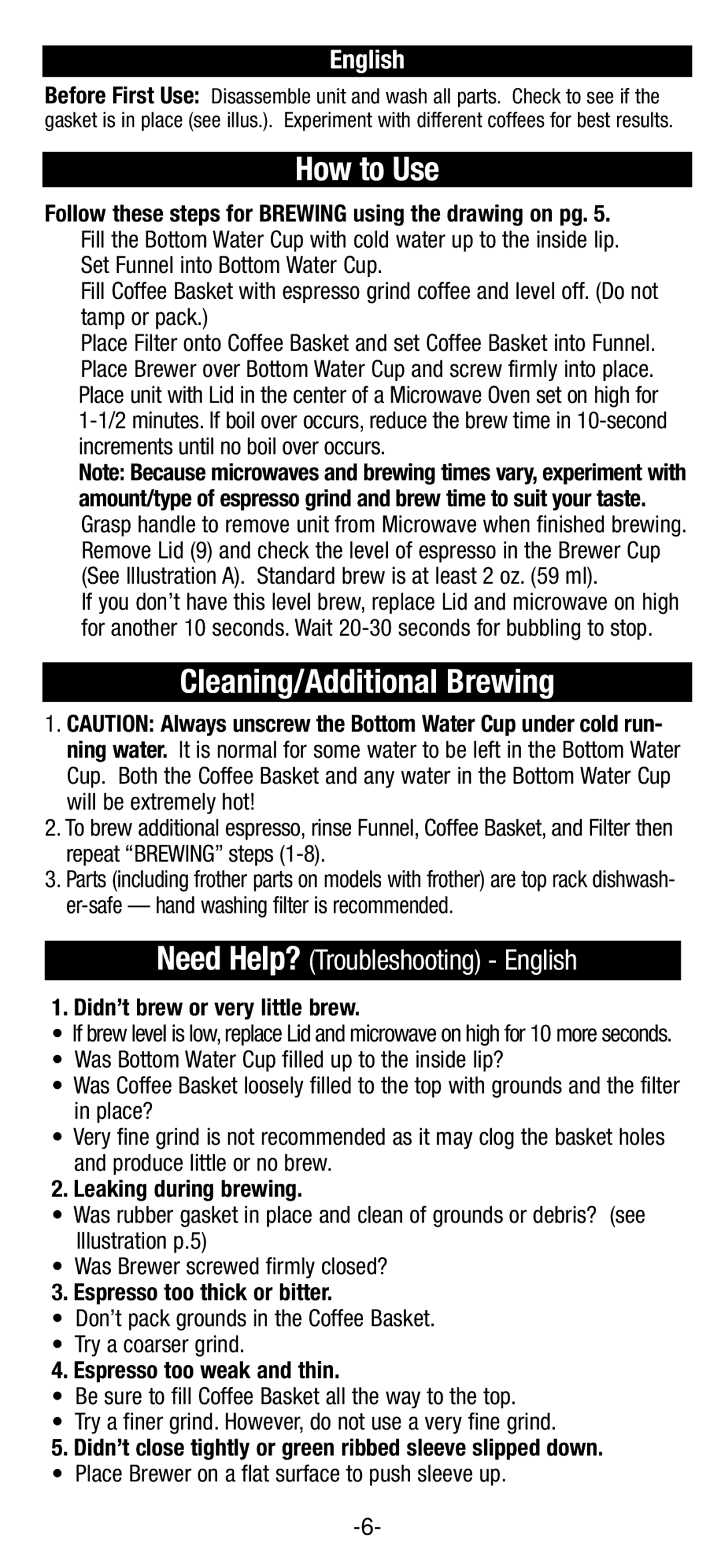 Black & Decker EE100, EE200 manual How to Use, Cleaning/Additional Brewing, Need Help? Troubleshooting English 