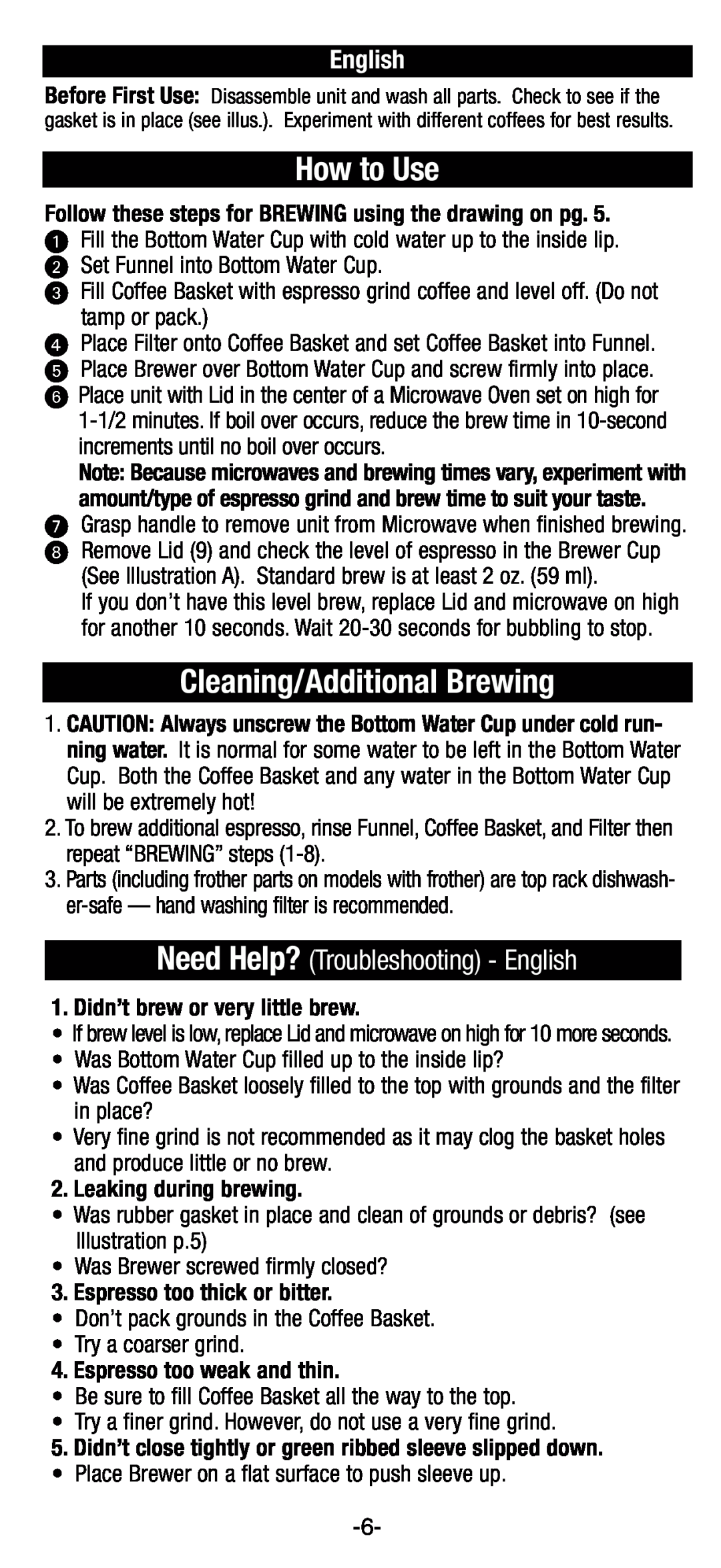 Black & Decker EE100 How to Use, Cleaning/Additional Brewing, Need Help? Troubleshooting - English, Leaking during brewing 