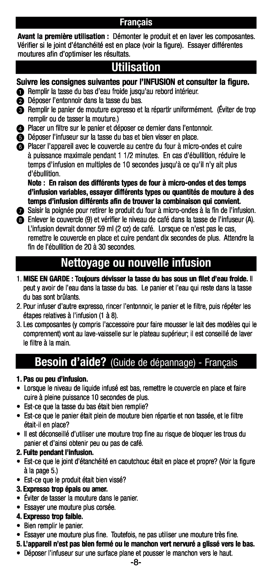 Black & Decker EE100, EE200 Utilisation, Nettoyage ou nouvelle infusion, Besoin d’aide? Guide de dépannage - Français 