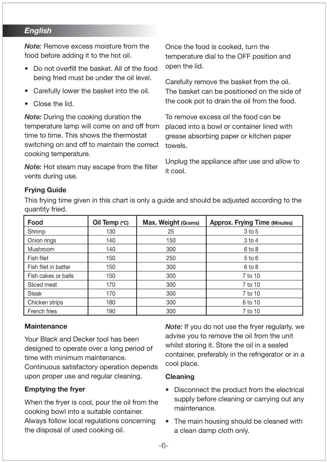Black & Decker EF1220 manual Frying Guide, Maintenance, Emptying the fryer, Cleaning 