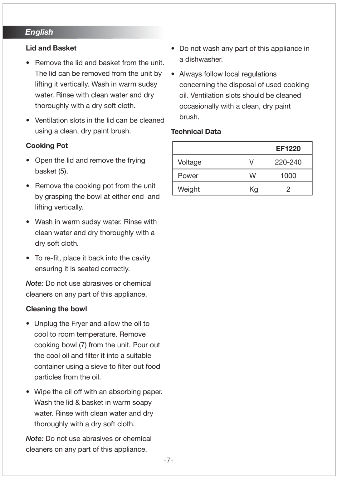 Black & Decker manual Lid and Basket, Cooking Pot, Cleaning the bowl, Technical Data EF1220 