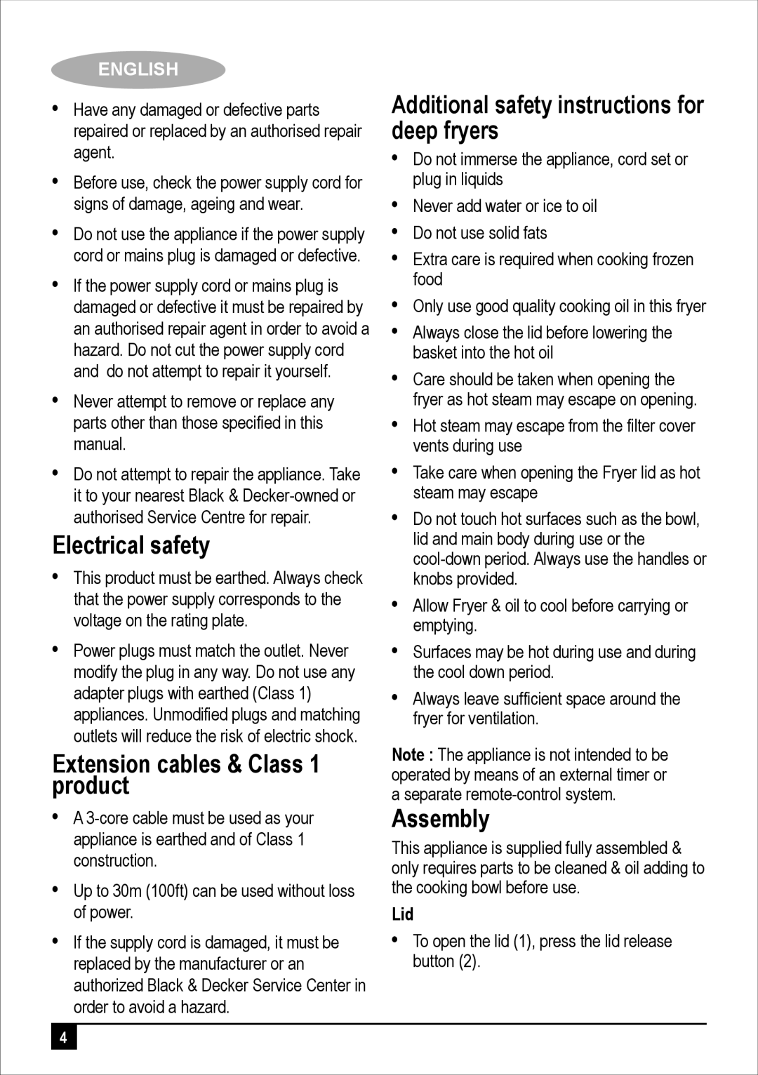 Black & Decker EF2500 manual Electrical safety, Extension cables & Class 1 product, Assembly, Lid 