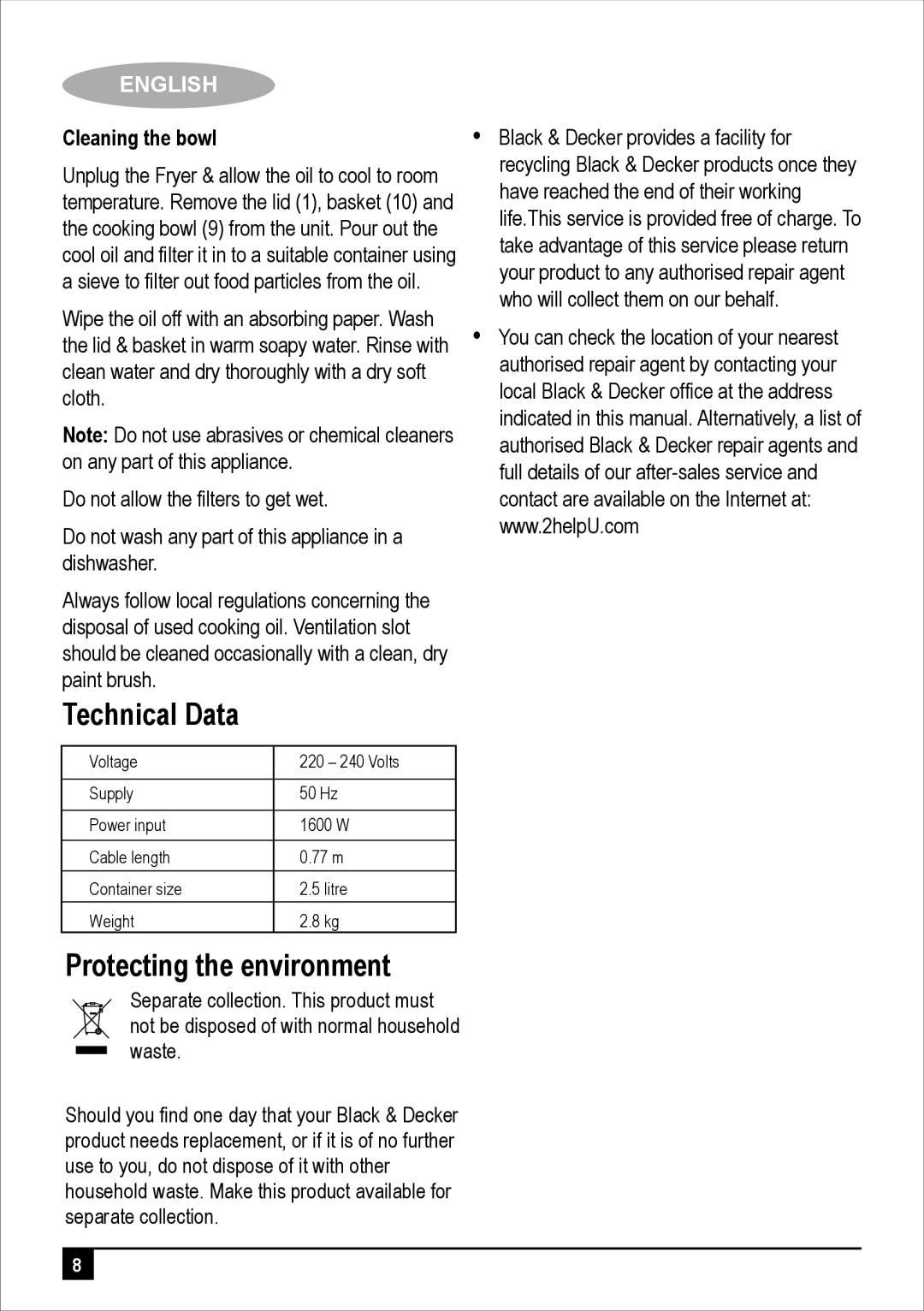 Black & Decker EF2500 manual Technical Data, Protecting the environment, Cleaning the bowl 