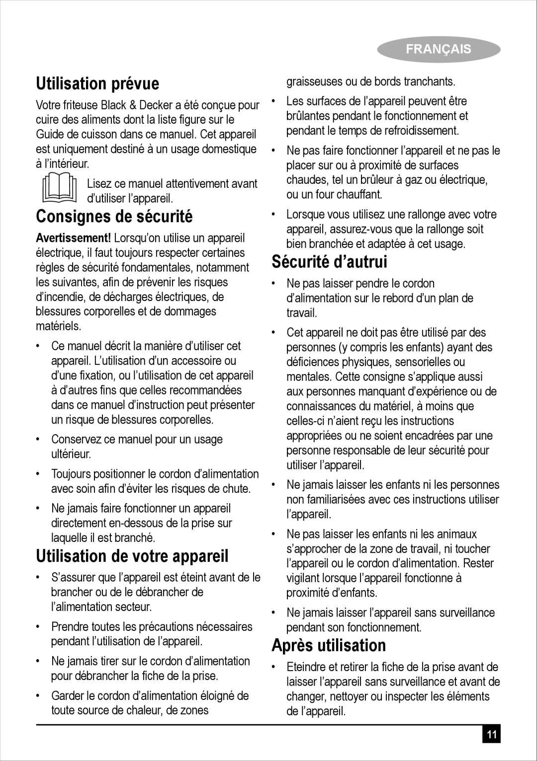 Black & Decker EF2750 manual Utilisation prévue, Consignes de sécurité, Utilisation de votre appareil, Sécurité d’autrui 