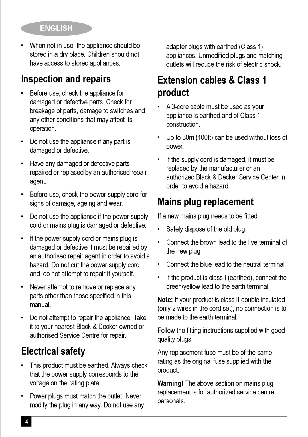 Black & Decker EF2750 manual Inspection and repairs, Electrical safety, Extension cables & Class 1 product 