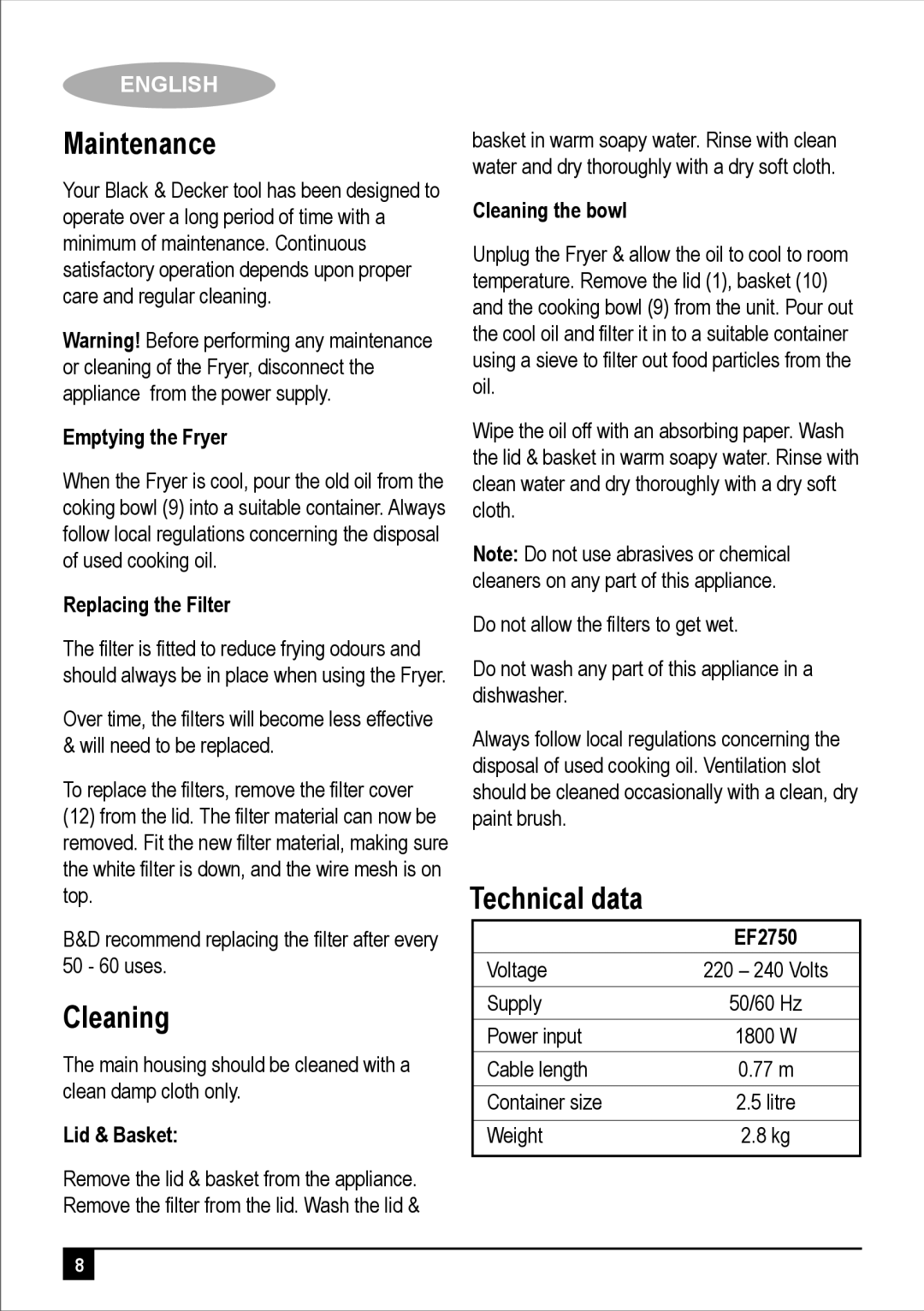 Black & Decker EF2750 manual Maintenance, Cleaning, Technical data 