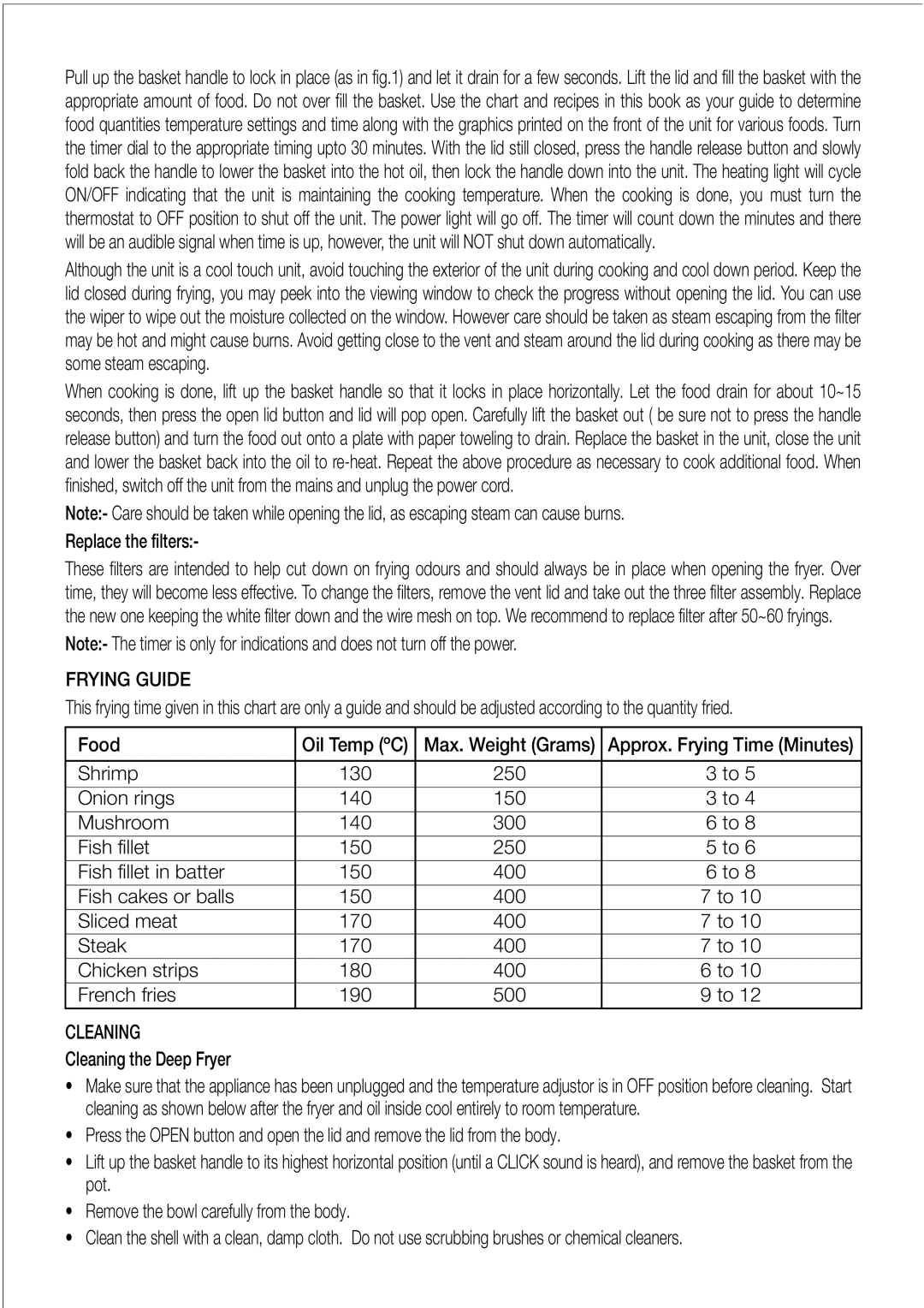 Black & Decker EF40 manual Replace the filters, Food, Cleaning the Deep Fryer 