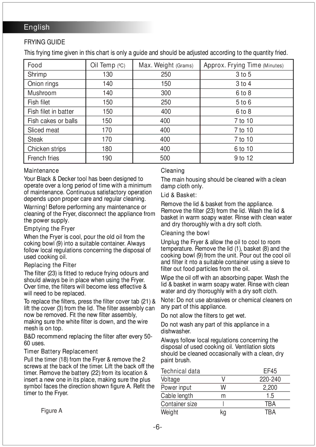 Black & Decker EF45 manual Frying Guide 