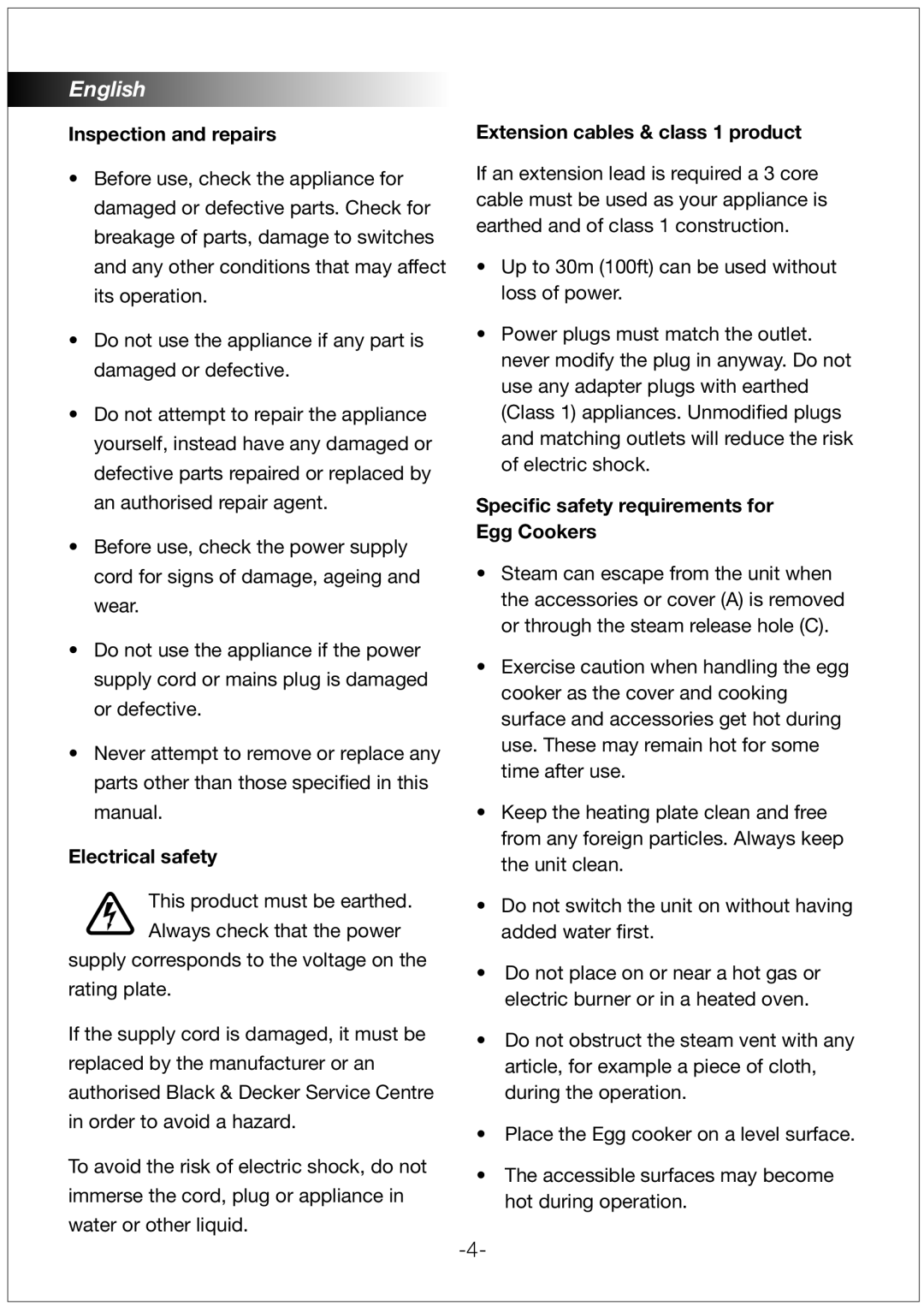 Black & Decker EG100 manual Inspection and repairs, Electrical safety, Extension cables & class 1 product 