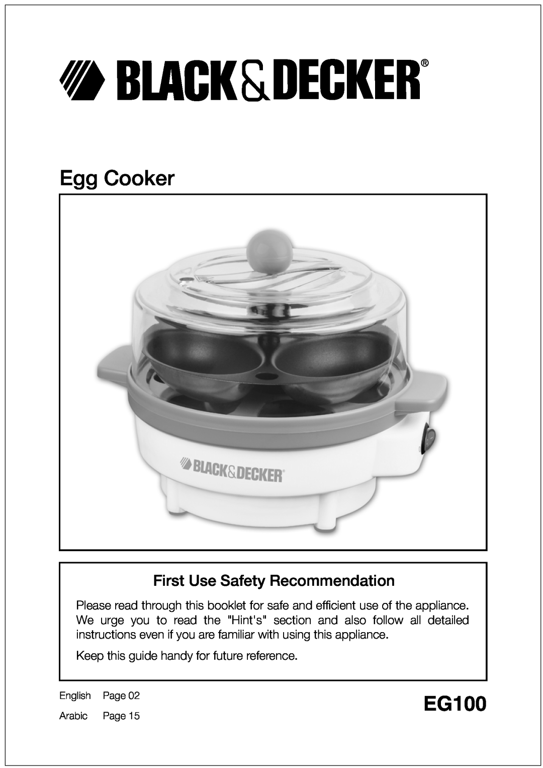 Black & Decker EG100 manual First Use Safety Recommendation, Egg Cooker, Keep this guide handy for future reference 