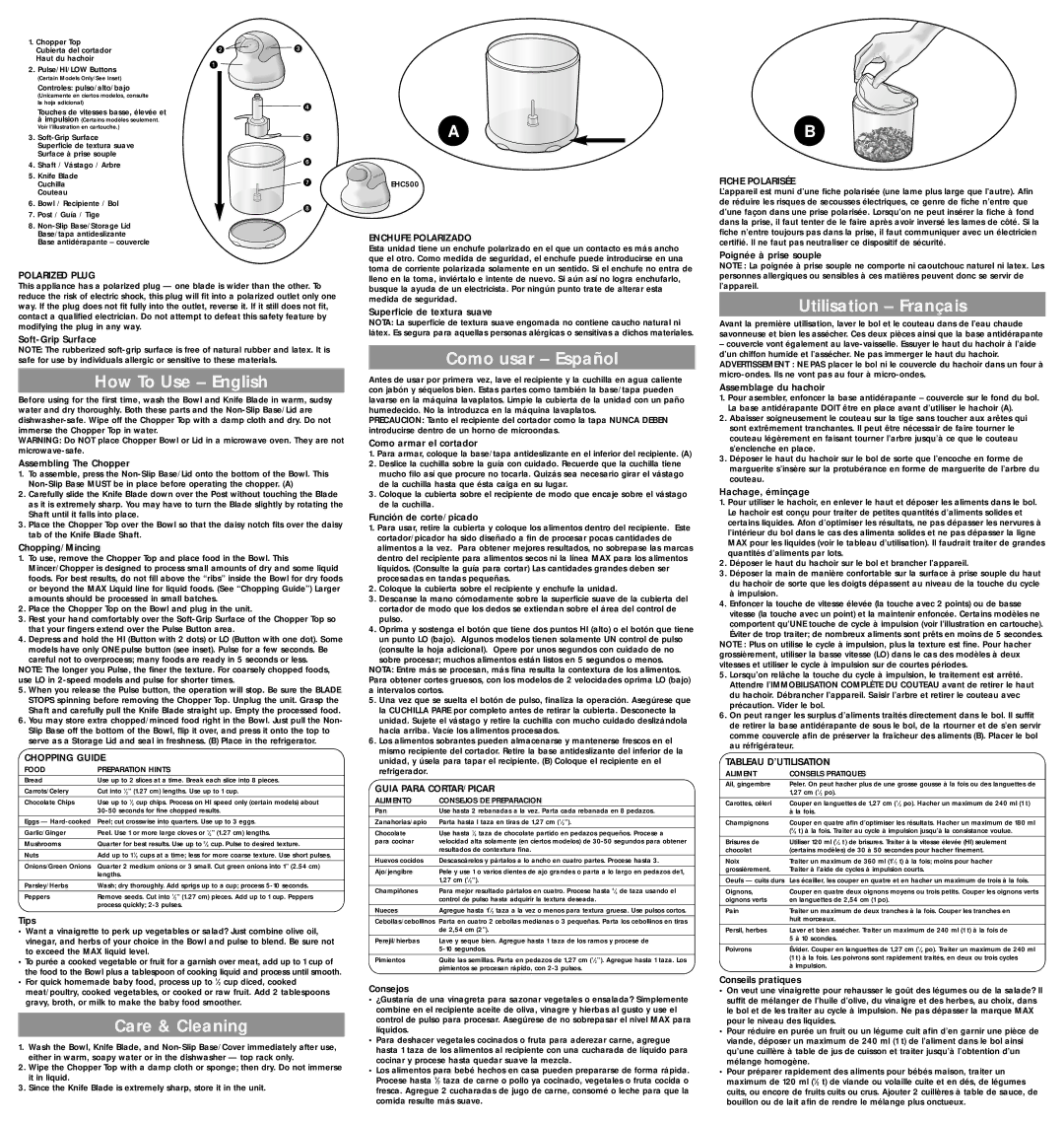 Black & Decker EHC700, EHC500 warranty How To Use English, Care & Cleaning, Como usar Español, Utilisation Français 