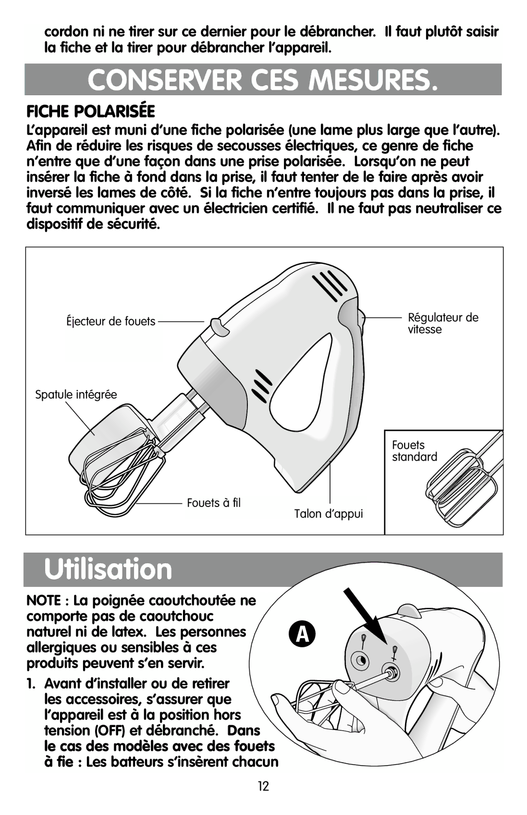 Black & Decker EHM90, EHM80 manual Conserver CES Mesures, Utilisation, Fiche Polarisée 