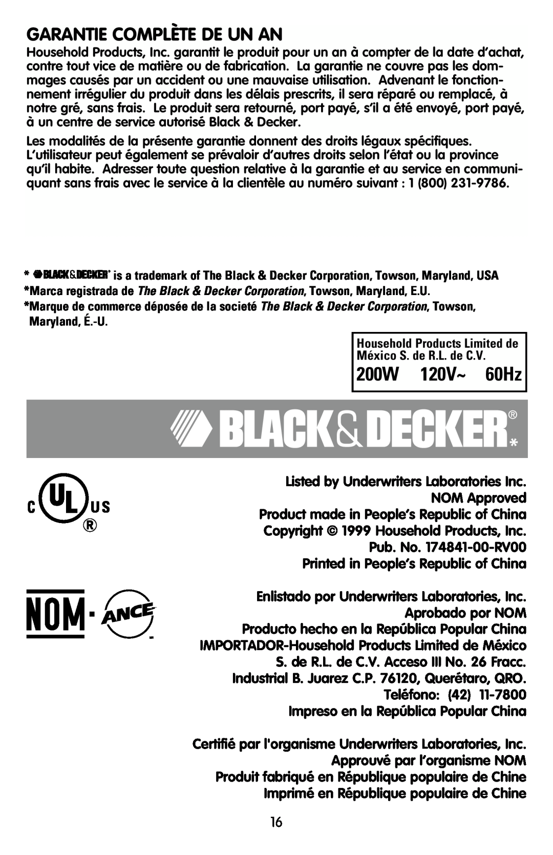 Black & Decker EHM90, EHM80 manual Garantie Complète De Un An, 200W 120V~ 60Hz 