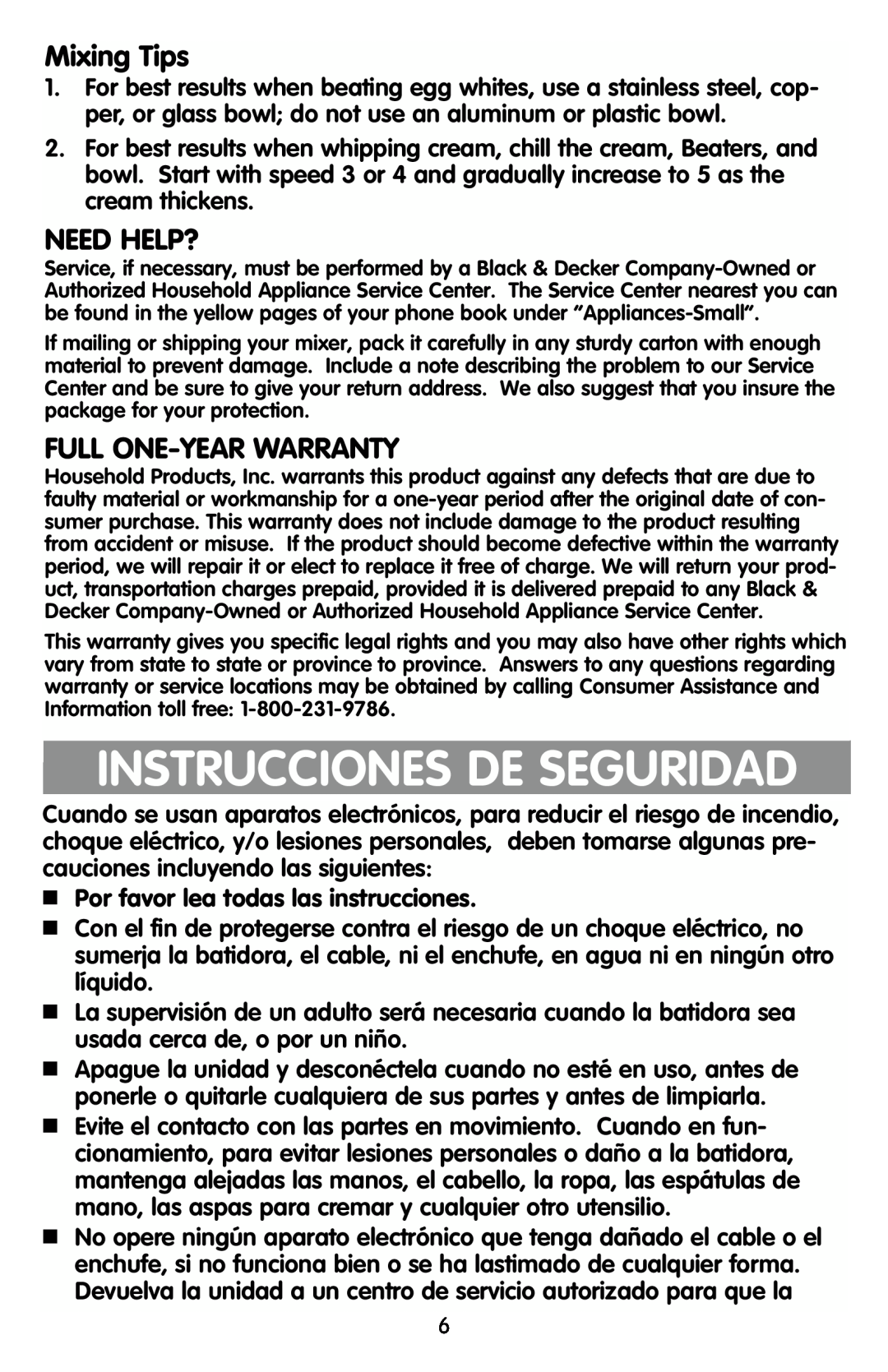 Black & Decker EHM90, EHM80 manual Instrucciones De Seguridad, Mixing Tips, Need Help?, Full One-Year Warranty 