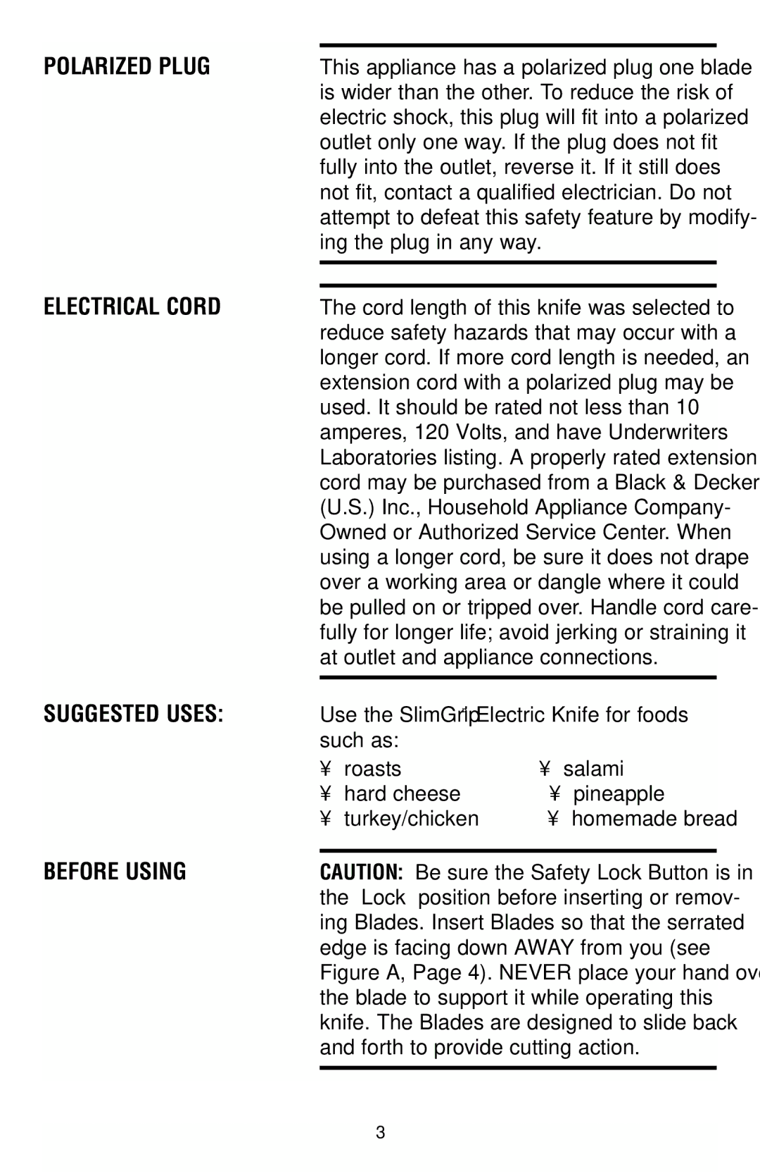 Black & Decker EK200, EK100 manual Polarized Plug, Electrical Cord, Suggested Uses, Before Using 