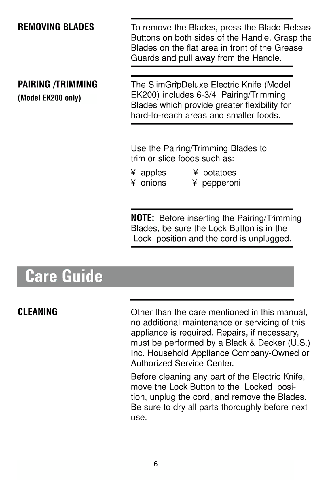 Black & Decker EK100, EK200 manual Care Guide, Removing Blades Pairing /TRIMMING, Cleaning 