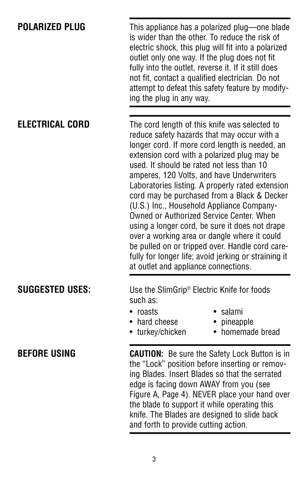 Black & Decker EK200, EK100 manual Polarized Plug, Electrical Cord, Suggested Uses, Before Using 