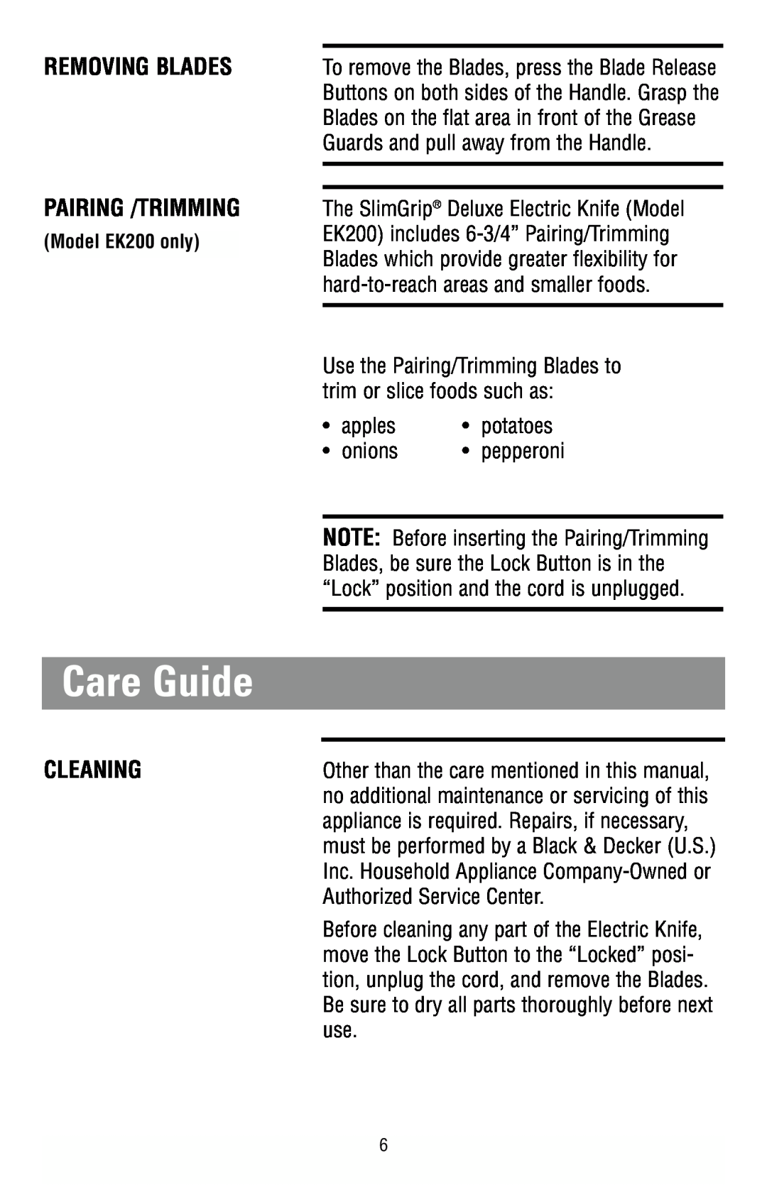 Black & Decker EK100 manual Care Guide, Removing Blades Pairing /Trimming, Cleaning, Model EK200 only 