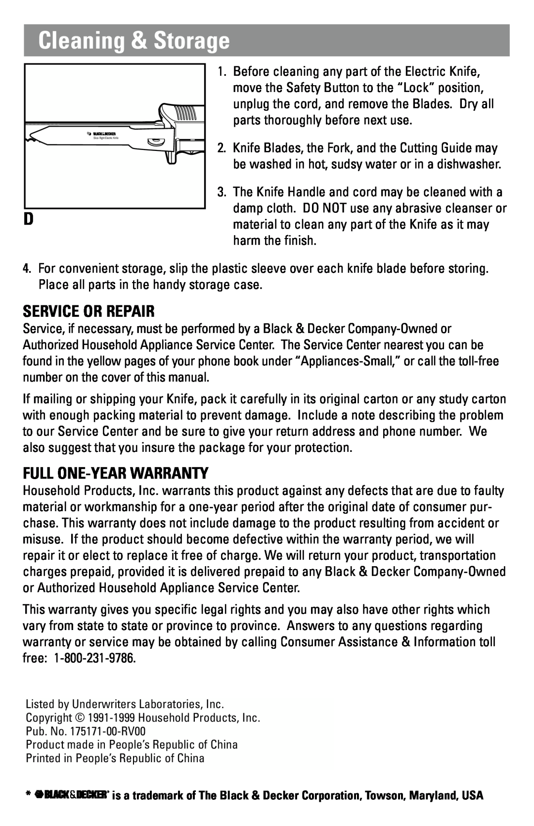 Black & Decker EK350 manual Cleaning & Storage, Service Or Repair, Full One-Year Warranty 
