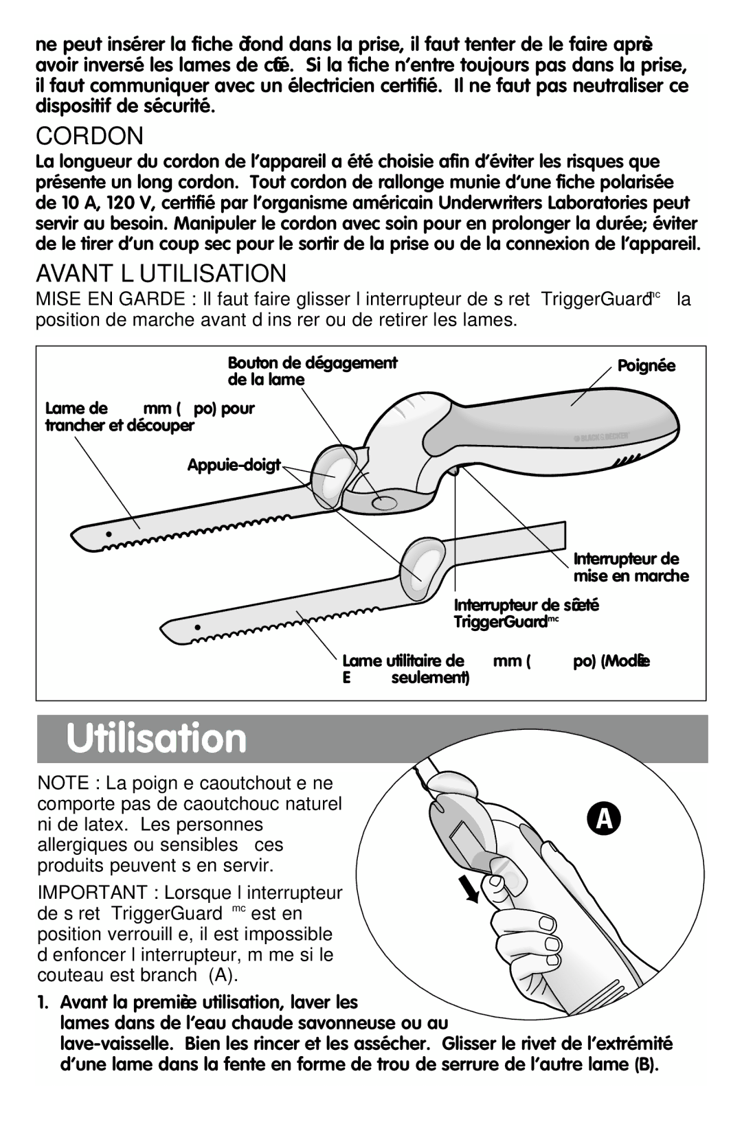 Black & Decker EK500, EK600 manual Utilisation, Cordon, Avant L’UTILISATION 