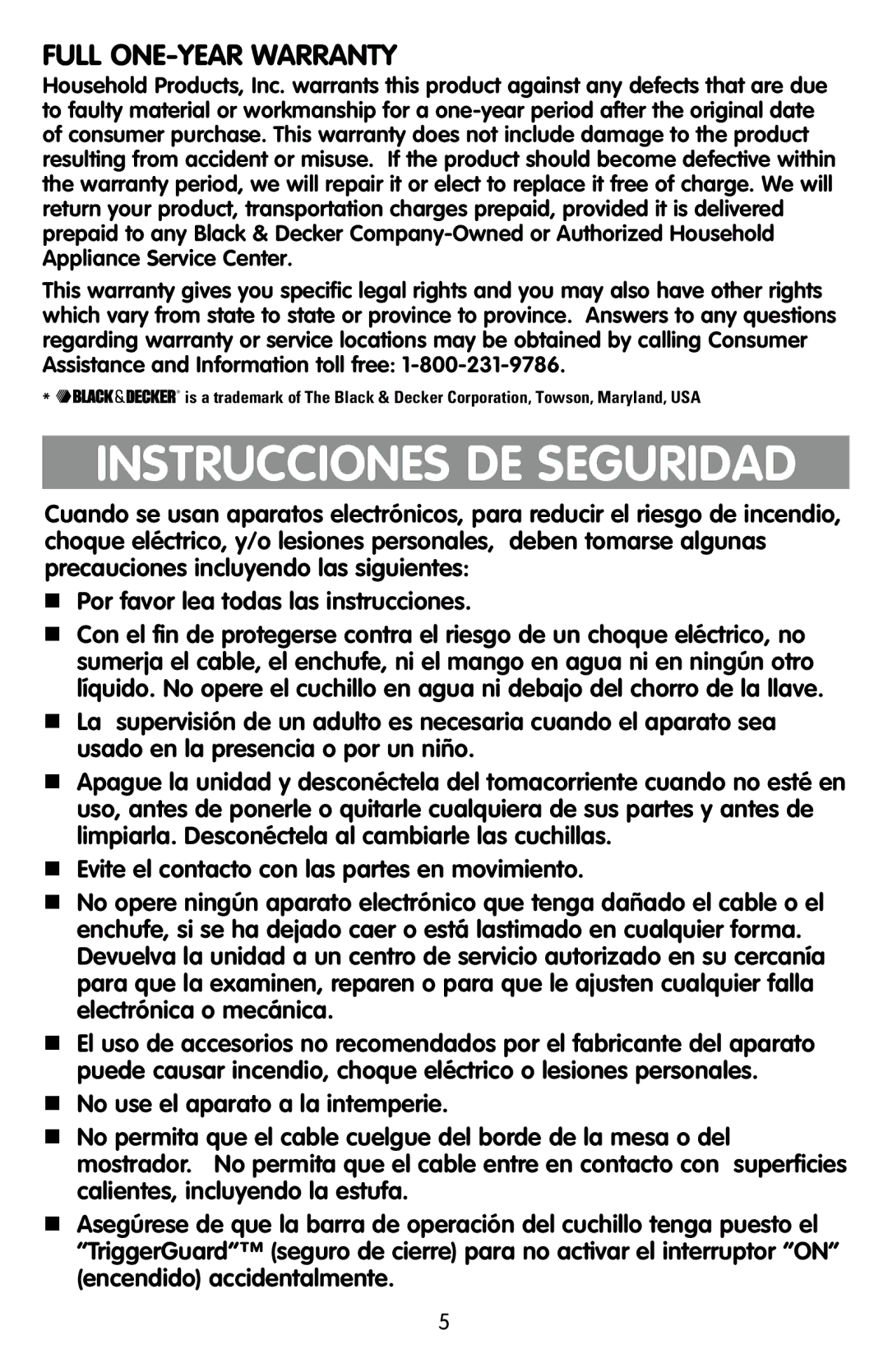 Black & Decker EK600, EK500 manual Instrucciones DE Seguridad, Full ONE-YEAR Warranty 