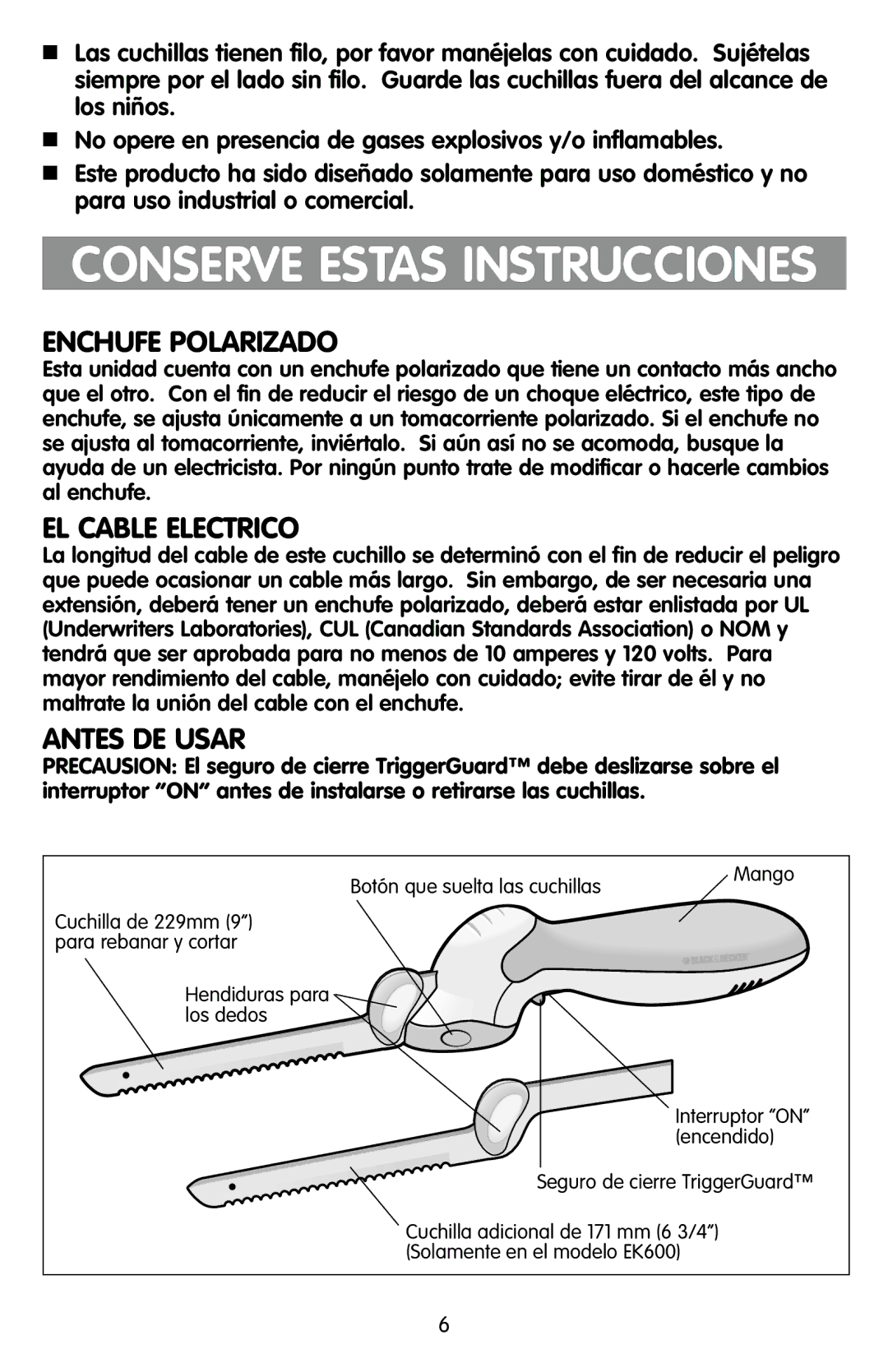 Black & Decker EK500, EK600 manual Enchufe Polarizado, EL Cable Electrico, Antes DE Usar 