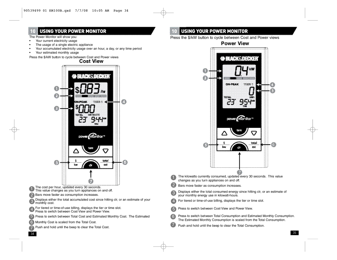 Black & Decker em100b instruction manual Using Your Power Monitor, Cost View, Power View 