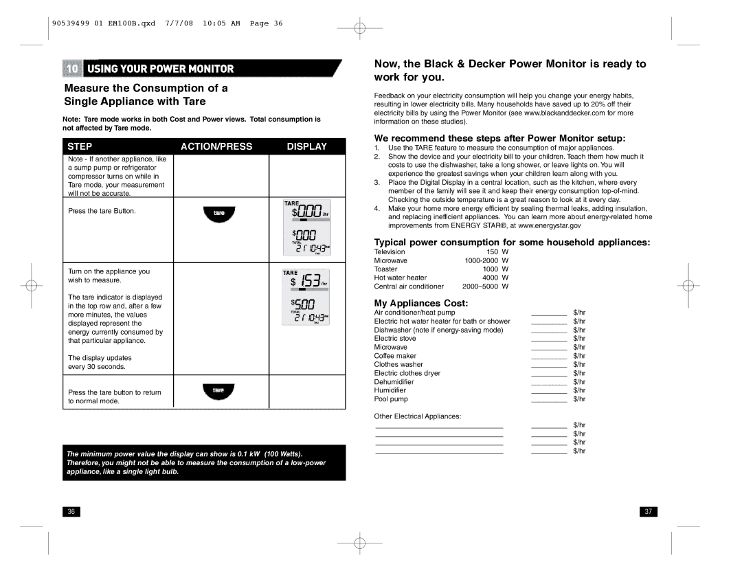 Black & Decker em100b instruction manual Measure the Consumption of a Single Appliance with Tare 