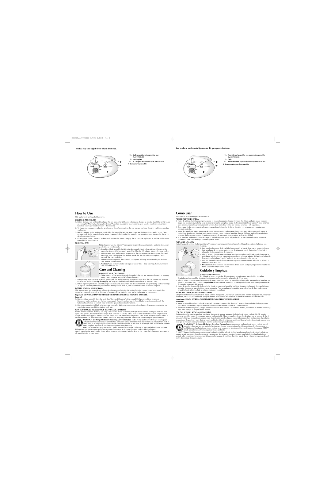 Black & Decker EM150C warranty Charging Procedures, To Open a can, Cleaning Your can Opener, Battery Removal and Disposal 