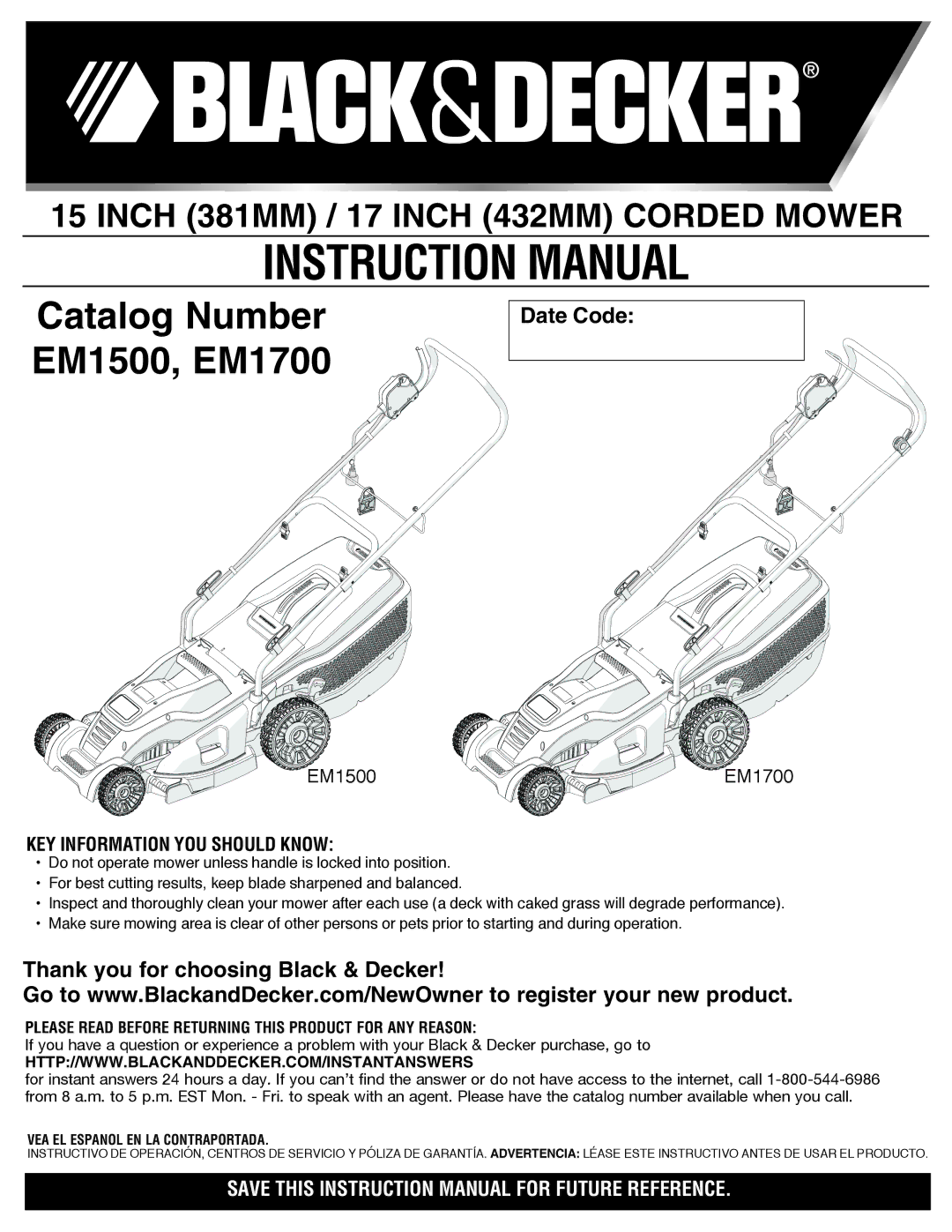 Black & Decker instruction manual Catalog Number EM1500, EM1700 