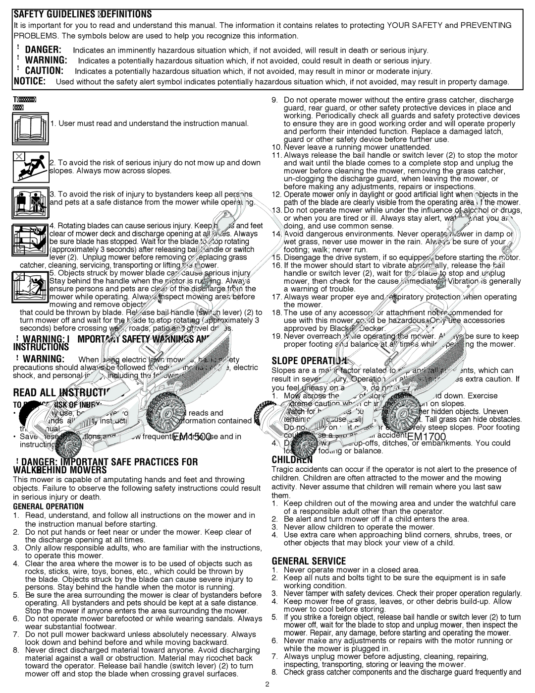 Black & Decker EM1700, EM1500 instruction manual Safety Guidelines Definitions, Mower to cool before storing 