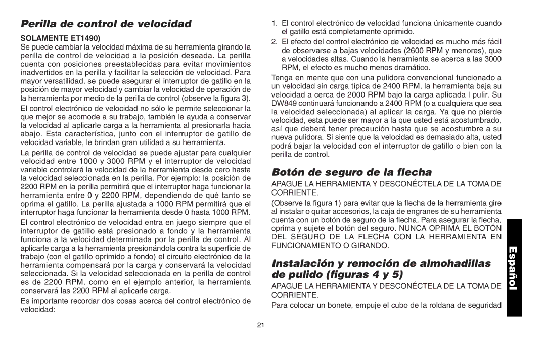 Black & Decker ET 1480, ET 1490, ET 1460, 388072 manual Perilla de control de velocidad, Botón de seguro de la flecha 