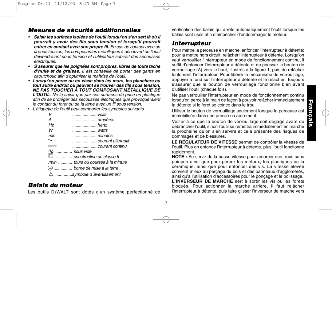 Black & Decker 388268, ET1265, ET1275, ET1245, ET1255 manual Mesures de sécurité additionnelles, Balais du moteur, Interrupteur 