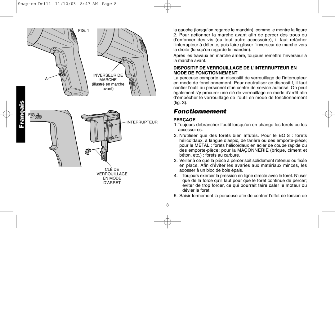 Black & Decker ET1275, ET1265, 388268, ET1245, ET1255 manual Fonctionnement, Perçage 