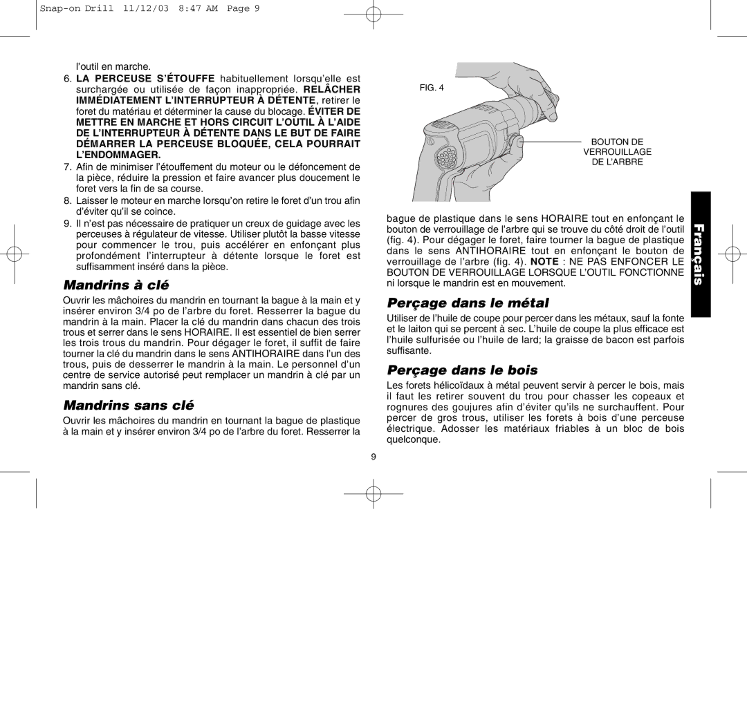 Black & Decker ET1245, ET1265, 388268, ET1275 Mandrins à clé, Mandrins sans clé, Perçage dans le métal, Perçage dans le bois 