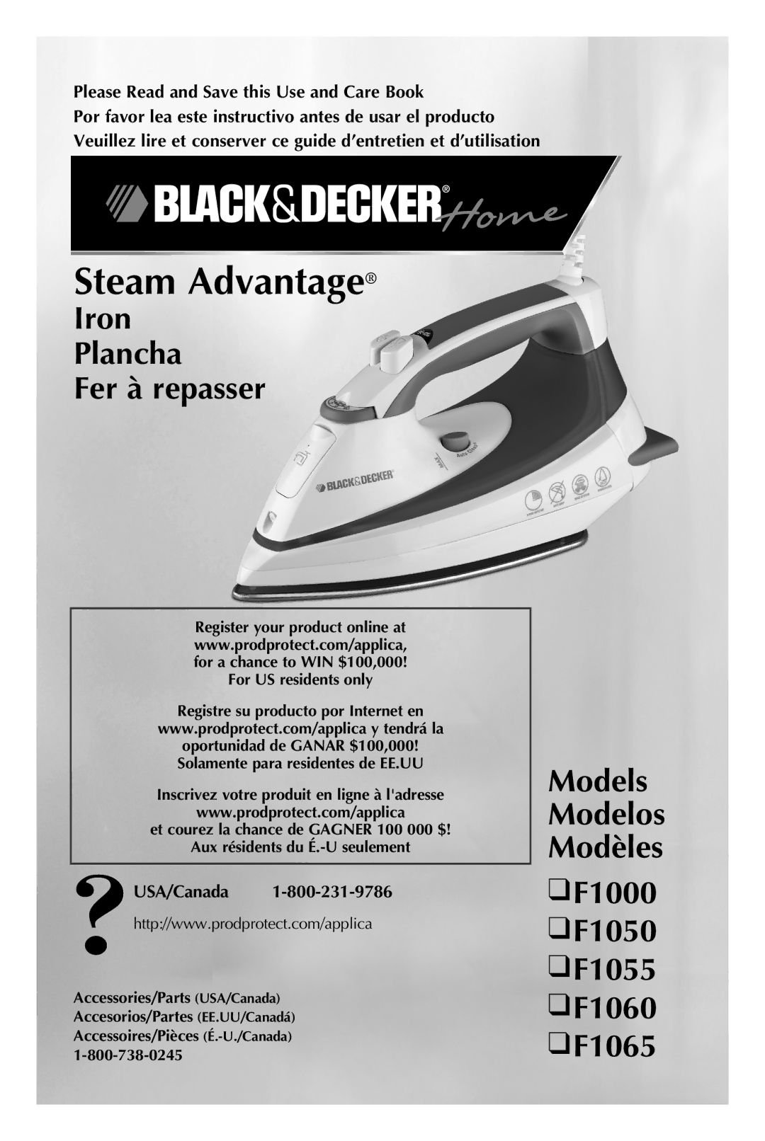 Black & Decker manual Iron Plancha Fer à repasser, Models Modelos Modèles F1000 F1050 F1055 F1060 F1065, USA/Canada 